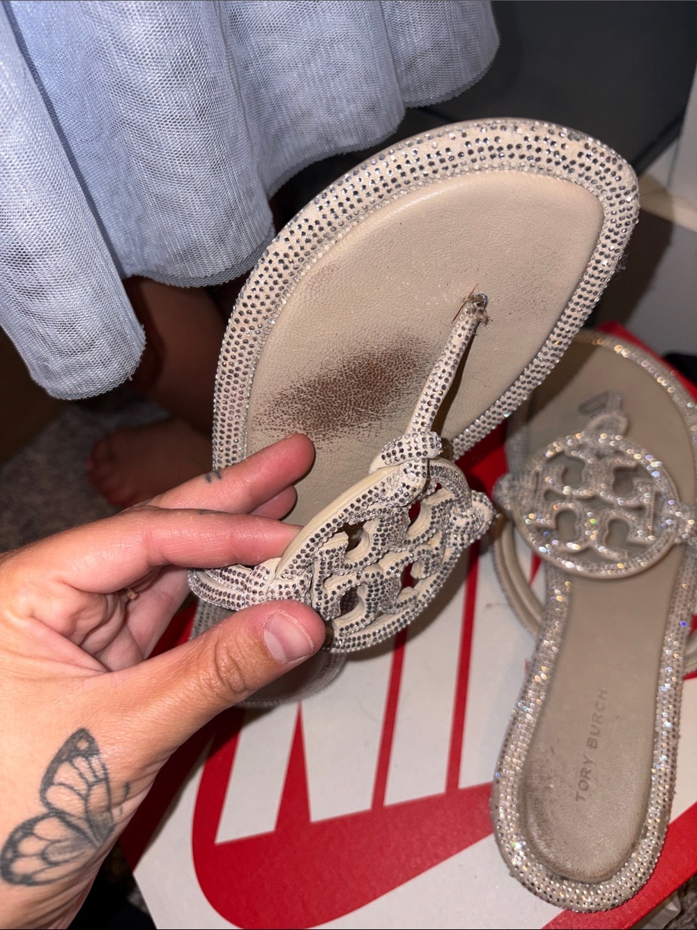 Tory Burch Crystal-Embellished Champagne Miller Slide Sandals 7.5Women - Picture 4 of 9
